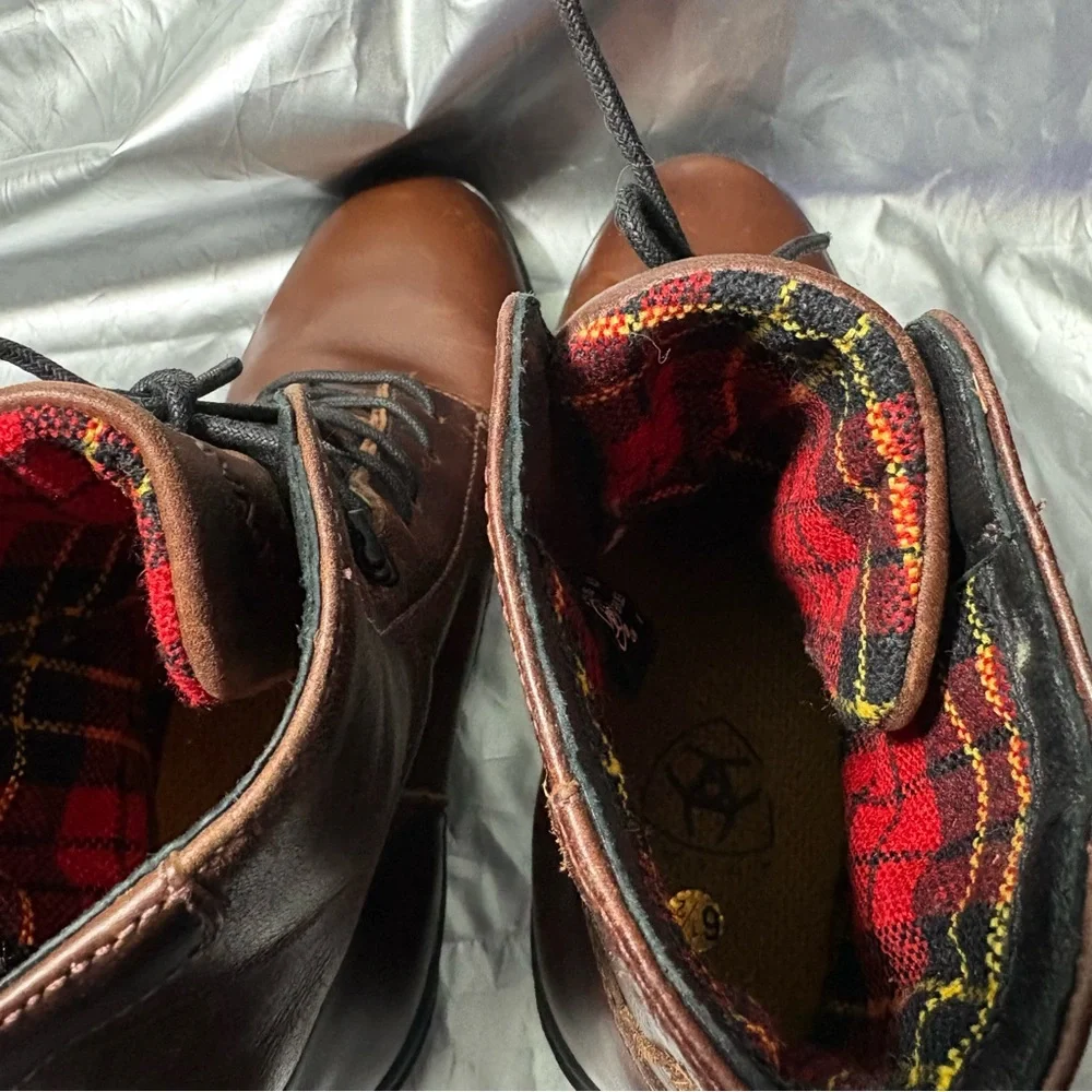 Ariat Brown Leather Lace Up Winter Work Riding Boots Red Flannel Lined Men’s 6.5